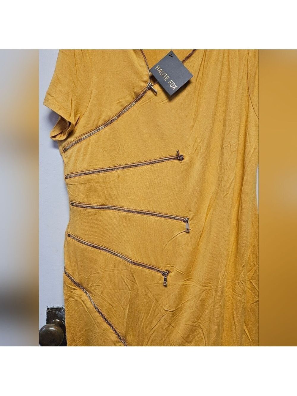 Bodycon Mustard Asymmetrical Zipper Dress Plus Sizes - Picture 5 of 6